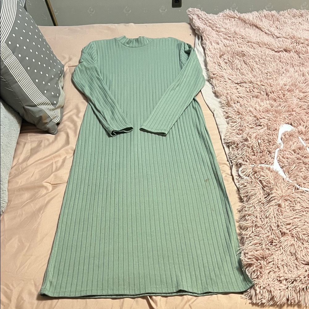 Chic Long Sleeve Ribbed Knit Dress in Green